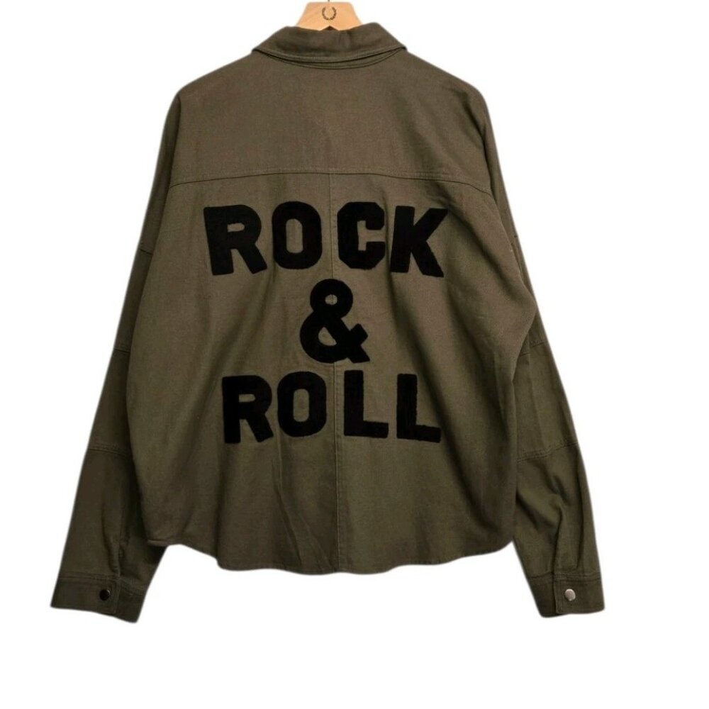 Audrey Parks Francesca's  Large Button Up Rock & Roll Spellout Shirt Jacket
